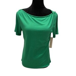 Cyrus Essentials Womens Green Ribbed Boat Neck Short Sleeve Top NWT Size L